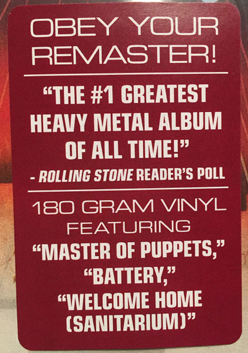 Metallica- Master Of Puppets. (OBEY YOUR REMASTER!) Official Remastered Black 180g Vinyl